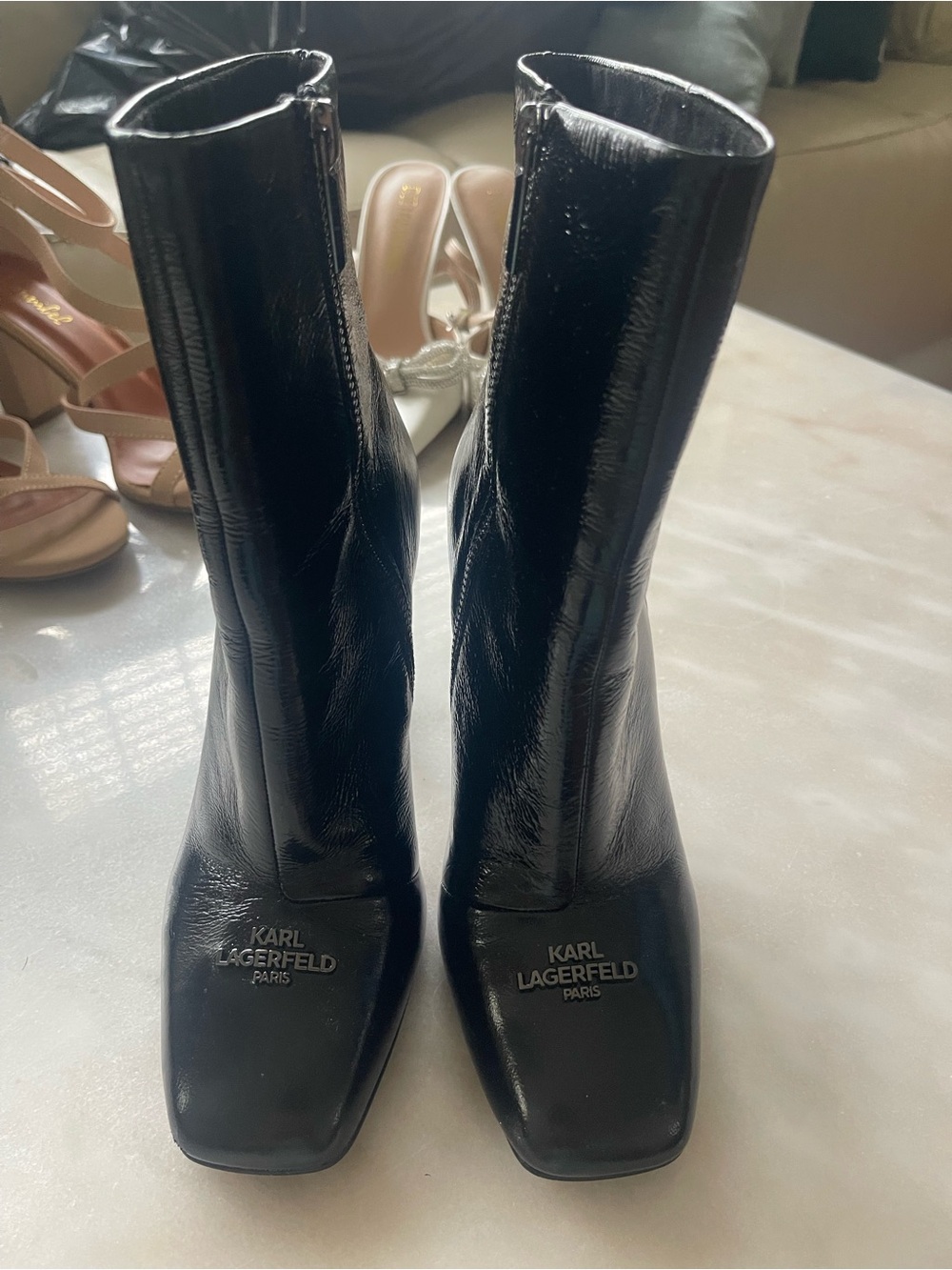 Karl Lagerfeld Black Patent Square-Toe Ankle Booties